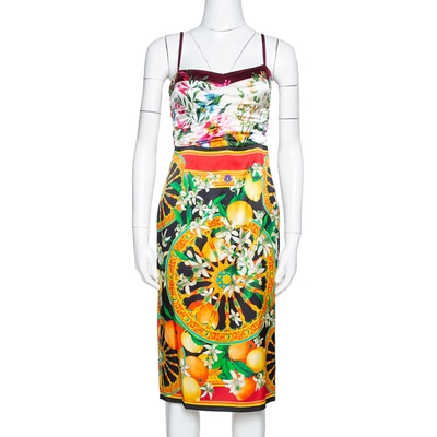 Pre-owned Dolce & Gabbana Multicolor Floral Lemon Print Silk Satin Sheath Dress S