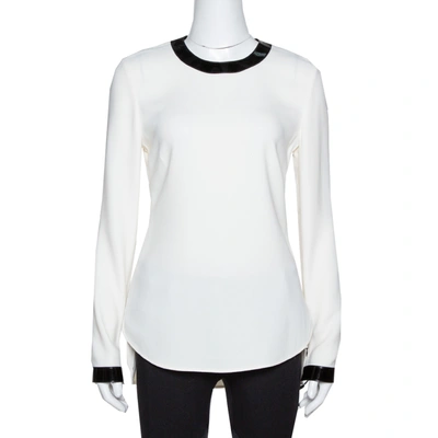 Pre-owned Polo Ralph Lauren Off White Crepe Contrast Leather Trim Blouse S