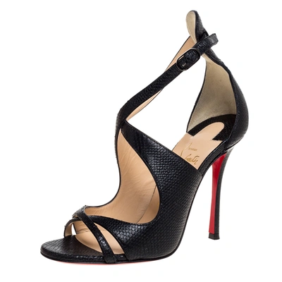 Pre-owned Christian Louboutin Black Lizard Embossed Leather Malefissima Ankle Strap Sandals Size 36.5