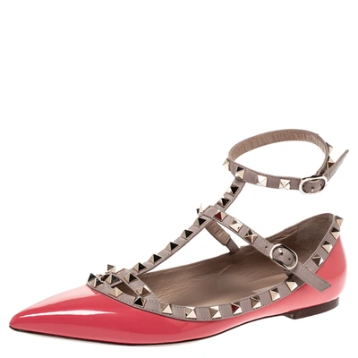 Pre-owned Valentino Garavani Pink Patent Leather Rockstud Strappy Ballet Flats Size 39.5