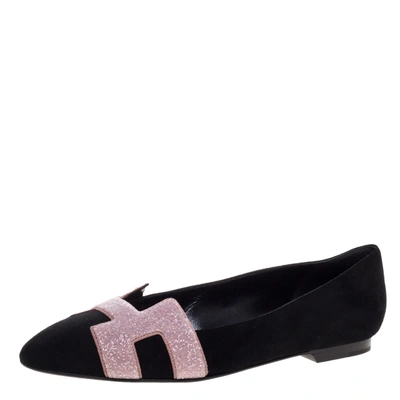 Pre-owned Hermes Black Suede And Pink Crystal Powder Nice Ballet Flats Size 37