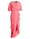 Saloni Rose Polka Dot Ruffled Midi Dress In Pink