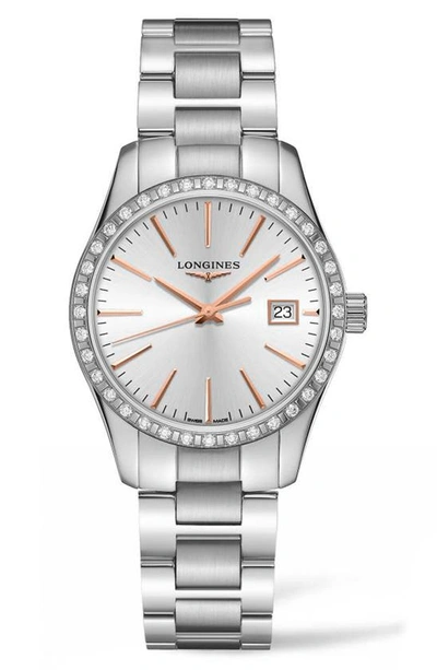 Longines Conquest Classic 34mm Diamond Case Stainless Steel Watch In Silver