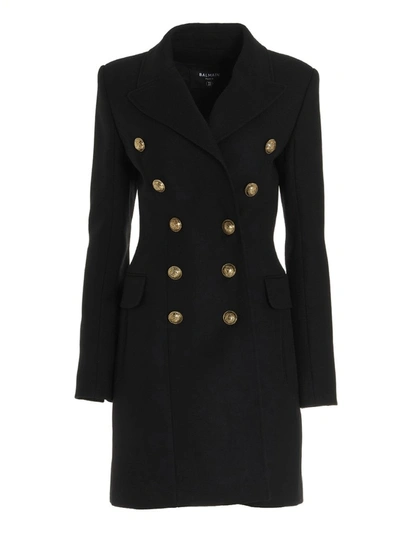 Balmain Double Breasted Coat In Black