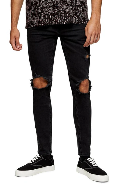 Topman Stretch Skinny Jeans With Blowout Rips In Washed Black