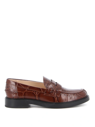 Tod's Croco Print College Loafers In Brown