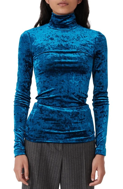 Maje Tandy Crushed Velvet Turtleneck In Blue