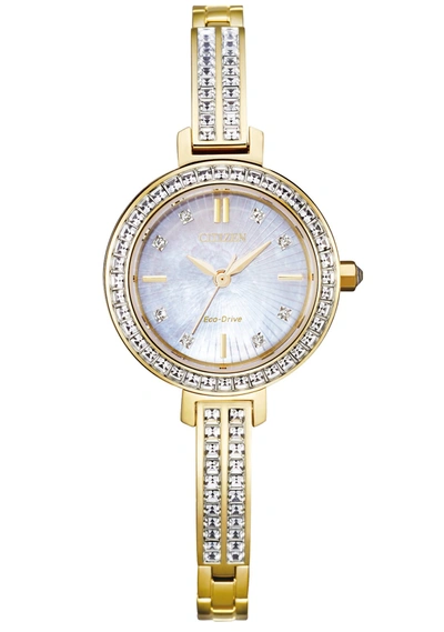 Citizen Eco-drive Women's Gold-tone Stainless Steel & Crystal Bangle Bracelet Watch 25mm In Gold Tone / Mother Of Pearl