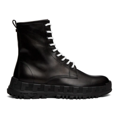 Versace Logo-plaque Leather Lace-up Boots In Black