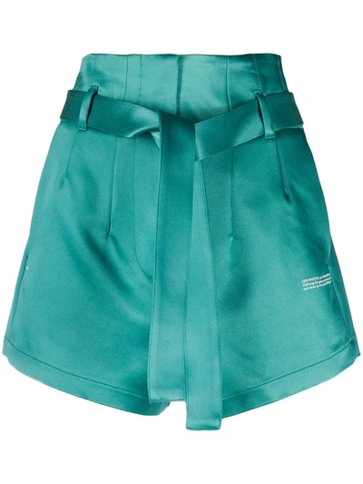 Off-white Green Satin Paperbag Shorts In Turquoise