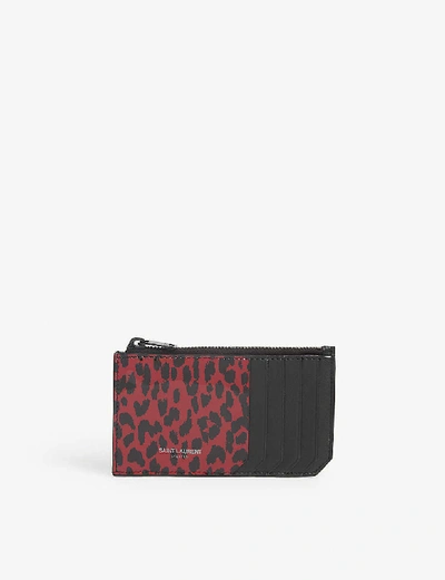 Saint Laurent Leopard-print Leather Card Holder In Red Leopard