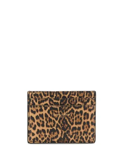 Saint Laurent Leopard-print Leather Card Holder In Brown