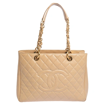 Pre-owned Chanel Beige Quilted Caviar Leather Grand Shopping Tote
