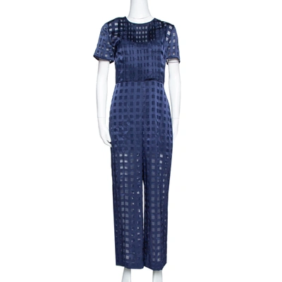 Pre-owned Diane Von Furstenberg Navy Blue Check Patterned Satin Jumpsuit M