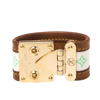 Pre-owned Louis Vuitton Beige Multicolor Monogram Canvas Leather S Lock Wide Cuff Bracelet