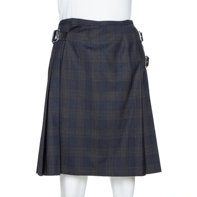 Pre-owned Prada Black Plaid Wool Blend Buckled Wrap Skirt S