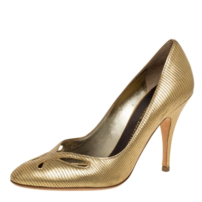 Pre-owned Giuseppe Zanotti Metallic Gold Lizard Embossed Leather Cut Out Pumps Size 37.5
