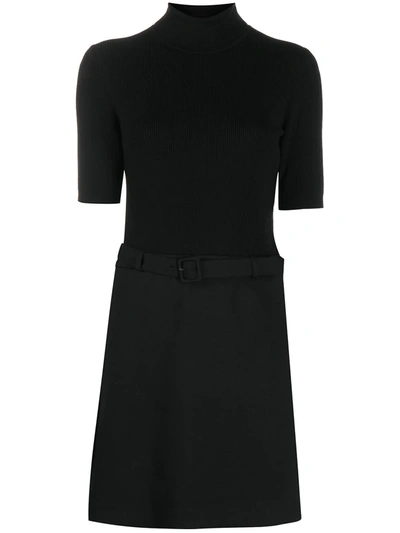 Theory Belted Ribbed Merino Wool-blend And Twill Turtleneck Mini Dress In Black
