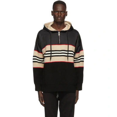 Burberry Harbridge Icon Stripe-print Ribbed-knit Hoodie In Black