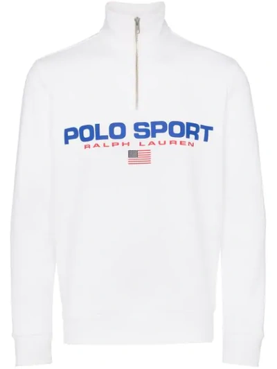 Polo Ralph Lauren Cotton Blend Fleece Logo Print Quarter Zip Mock Neck Sweatshirt In White