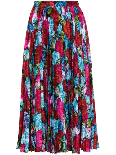 Versace Pleated Floral Print Midi Skirt In Red/ Baby Blue/ Fuchsia