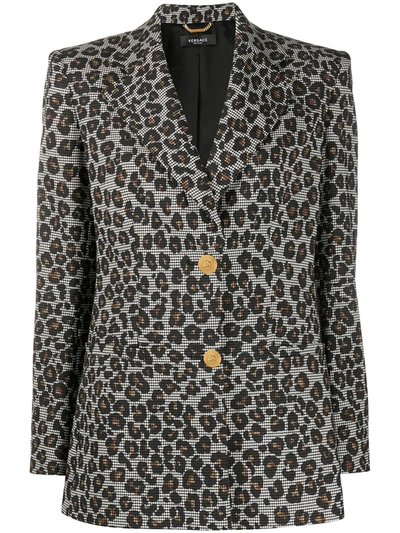Versace Leopard & Houndstooth Check Stretch Wool Blazer In Black