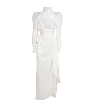 Alessandra Rich Silk Satin High Neck Embroidered Gown In White