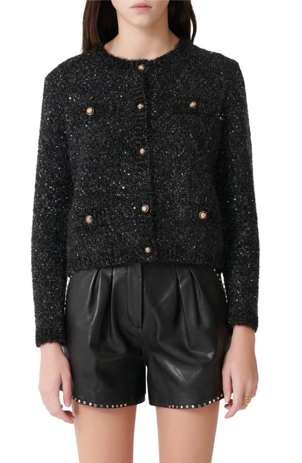 Maje Mission Metallic Sequin Cardigan In Black ModeSens