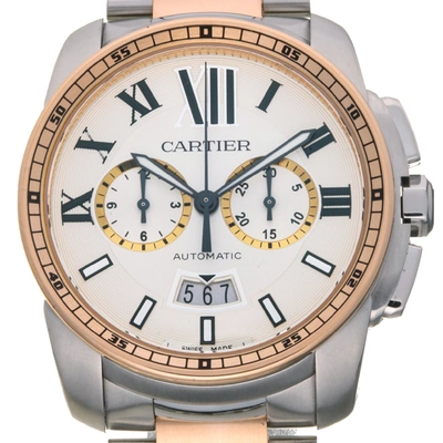 Pre-owned Cartier Silver 18k Rose Gold And Stainless Steel Calible De Chronograph W7100042 Men's Wristwatch 42 Mm