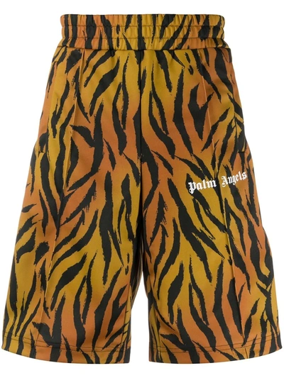 Palm Angels Tigerskin Print Tech Fabric Shorts In Orange In Brown