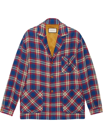 Gucci Embroidered Checked Linen And Cotton-blend Blazer In Blue