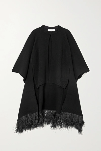Valentino Feather-trimmed Wool And Cashmere-blend Cape In Black