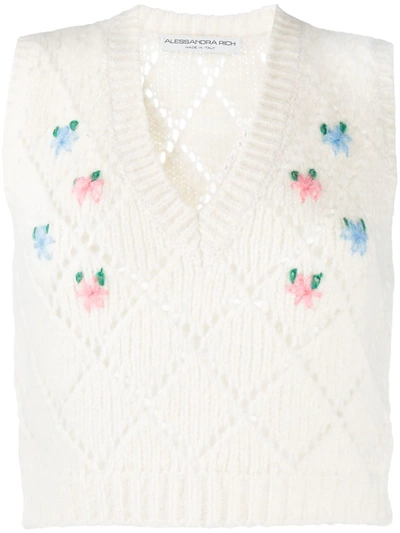 Alessandra Rich Embroidered Pointelle-knit Alpaca-blend Vest In White