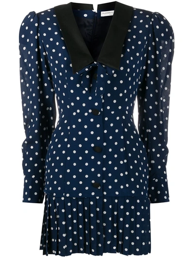 Alessandra Rich Bow-detailed Pleated Polka-dot Silk Mini Dress In Blue