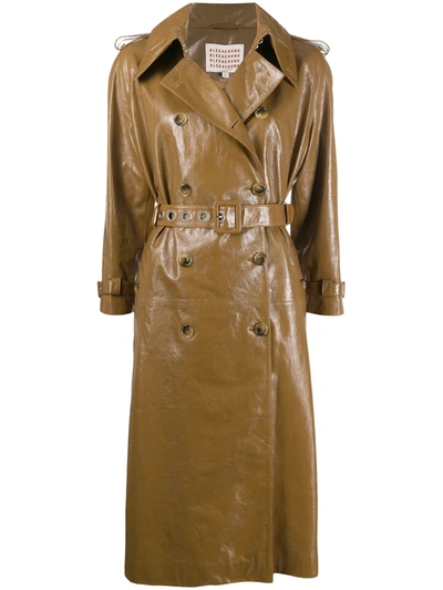 Alexa Chung Belted Double-breasted Crinkled Glossed-leather Trench Coat In Tan