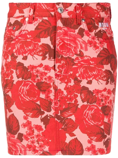 Msgm Rose-print Denim Skirt In Pink