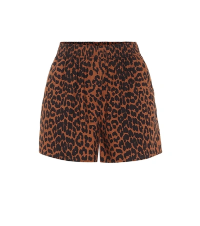 Ganni Leopard-print Cotton Shorts In Brown