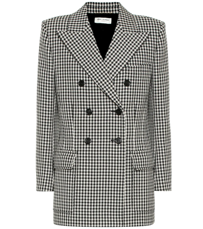Saint Laurent Houndstooth Double-breasted Wool-blend Blazer In Grey
