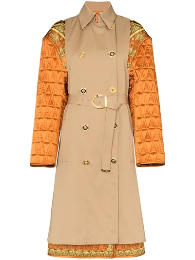 Versace Quilted Sleeve Baroque Trench Coat In Beige,orange,yellow