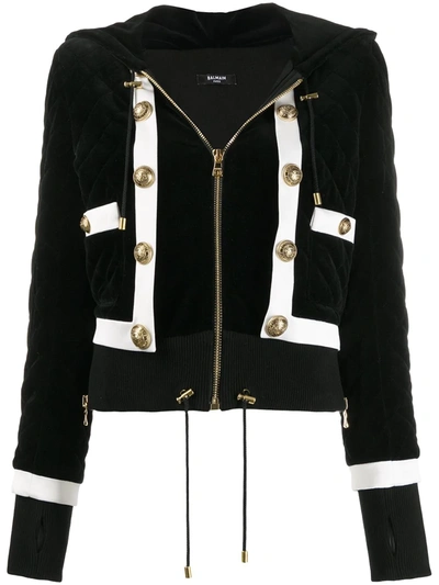 Balmain Velvet Cropped Quilted Hoodie In Black