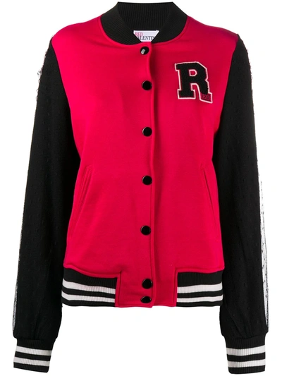 Red Valentino Point D'esprit Tulle Detailed Varsity Jacket In Black An In Red