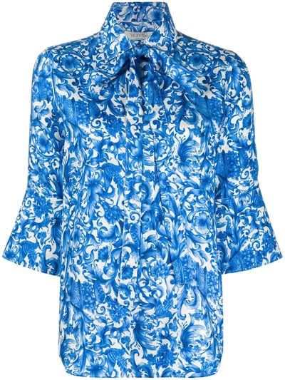 Valentino Azulejos Print Twill Silk Shirt In Blue