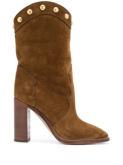 Saint Laurent Kate Studded Suede Heeled Boots In Brown