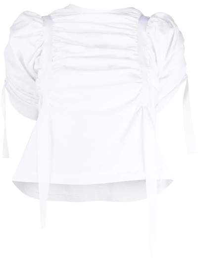 Aganovich Ruched Short Sleeve Blouse In White