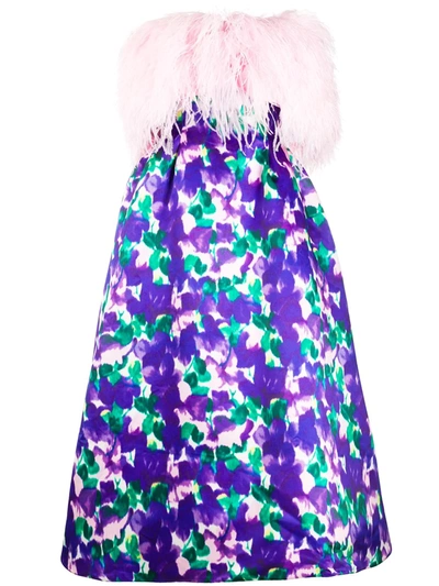 Richard Quinn Feather-trimmed Strapless Floral Dress In Purple