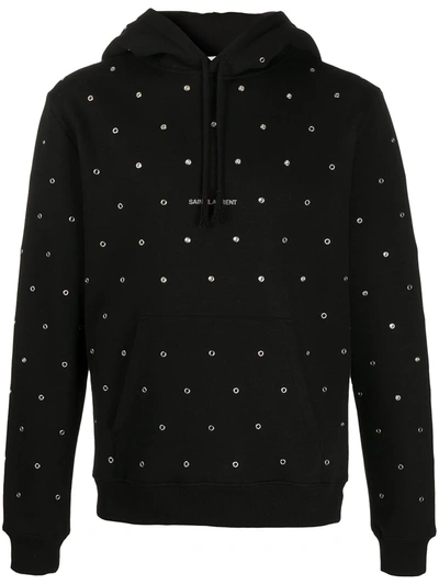 Saint Laurent Grommet Logo Cotton Hoodie In Black