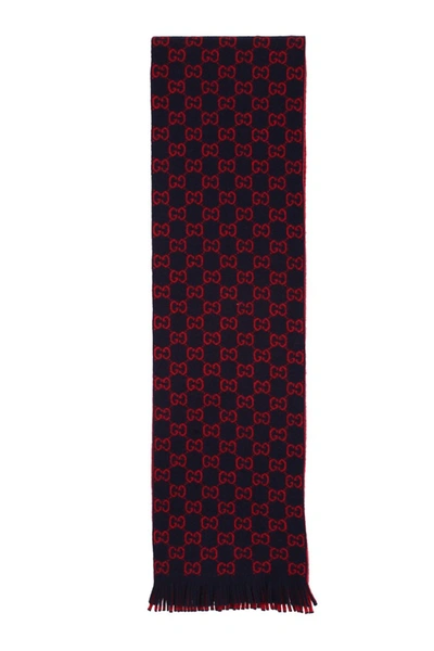 Gucci Gg Red Wool Scarf In Midnight Blue & Red