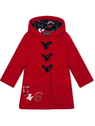 Dolce & Gabbana Kids' Hooded Wool Duffle Coat W/ Logo Patch In Red
