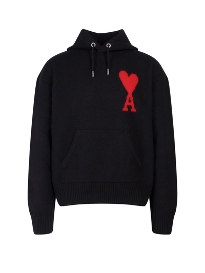 Ami Alexandre Mattiussi Logo-embroidered Cotton-jersey Hooded Sweatshirt In Black