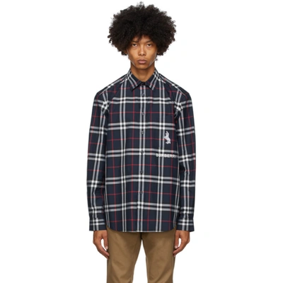 Burberry Coleford Logo Tartan Motif Cotton Shirt In Navy Ip Check